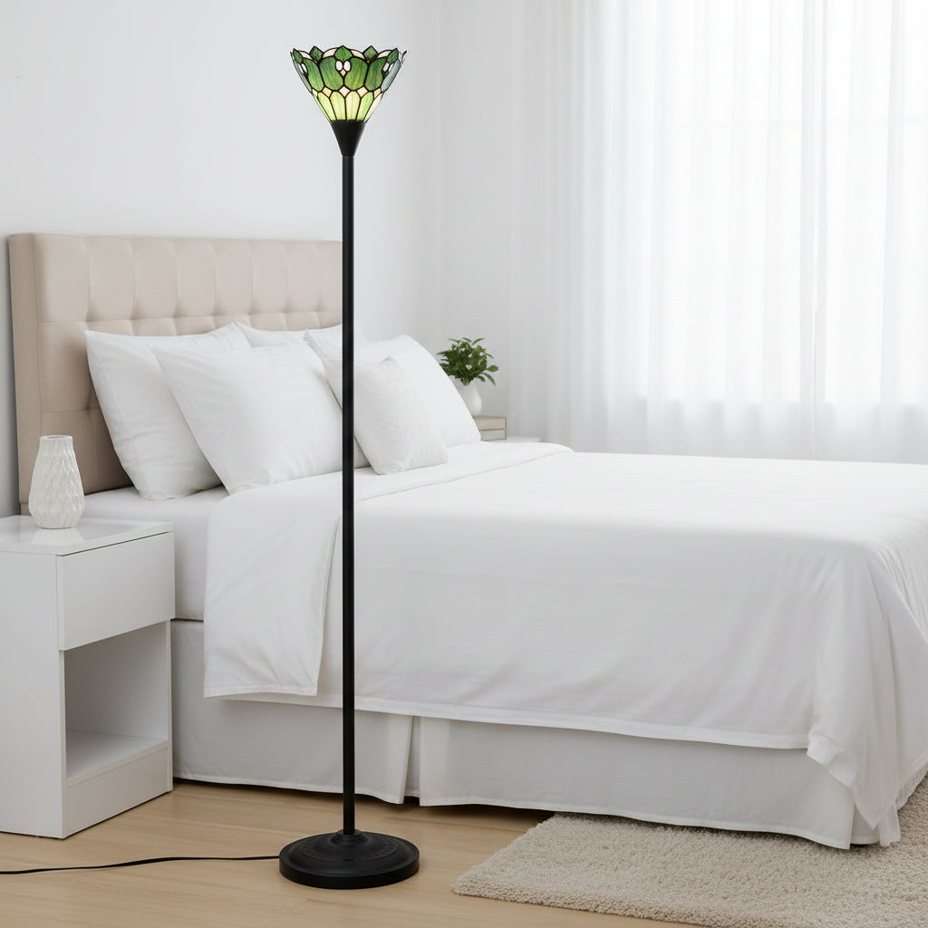 Tiffany-style floor lamp in green and cream stained glass