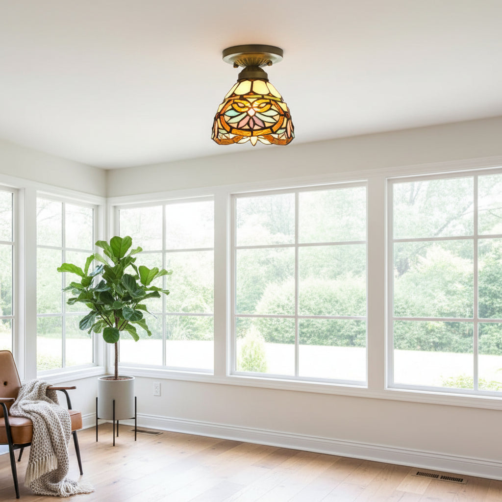 Floral Bronze Tiffany Style Stained Glass Ceiling Light