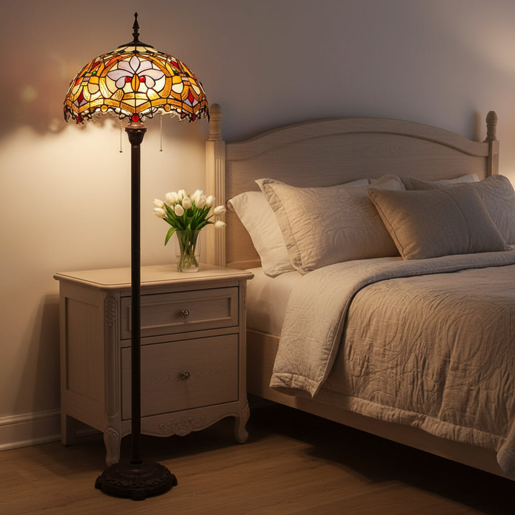 Vintage Tiffany Floor Lamp in Floral Stained Glass
