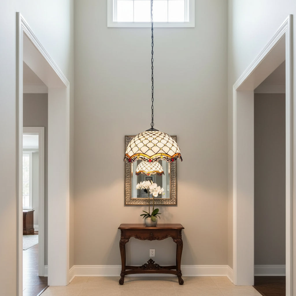 Tiffany-style Art Nouveau Stained Glass Pendant Light in White Glass