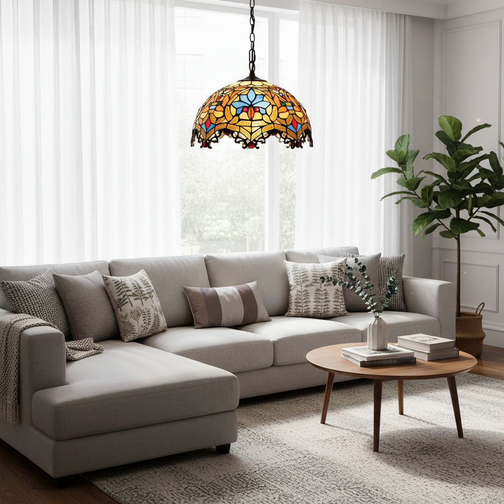 Floral Amber Glass Tiffany Pendant Light 30cm