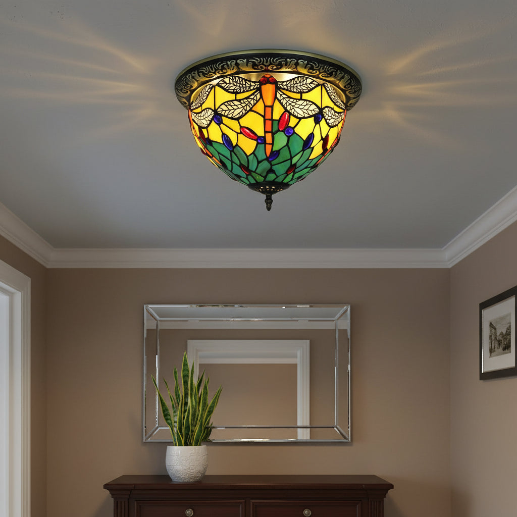 Tiffany Style Dragonfly Ceiling Light in Stained Glass