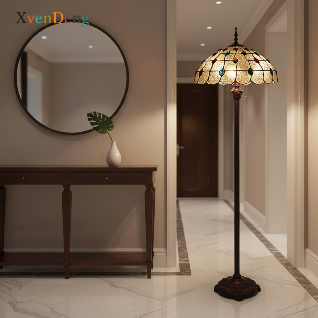 Tiffany-style stained glass floor lamp with cabochons