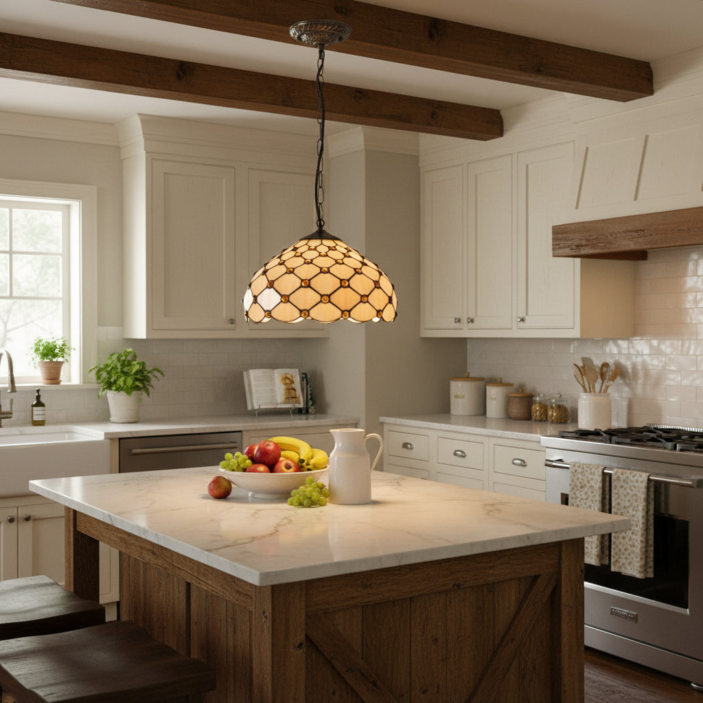 Tiffany Style Pendant Light with Amber Jewels