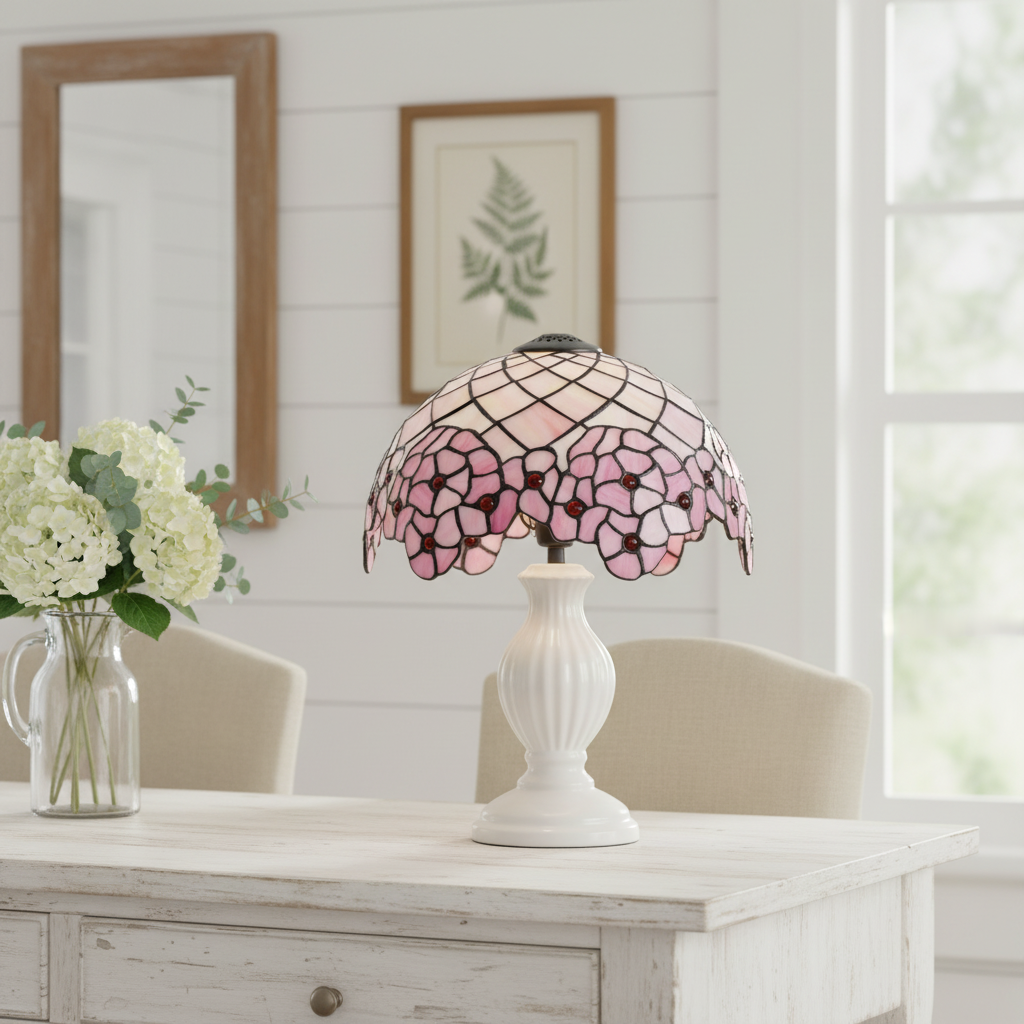 Pink Floral Tiffany Lampshade with Red Cabochons