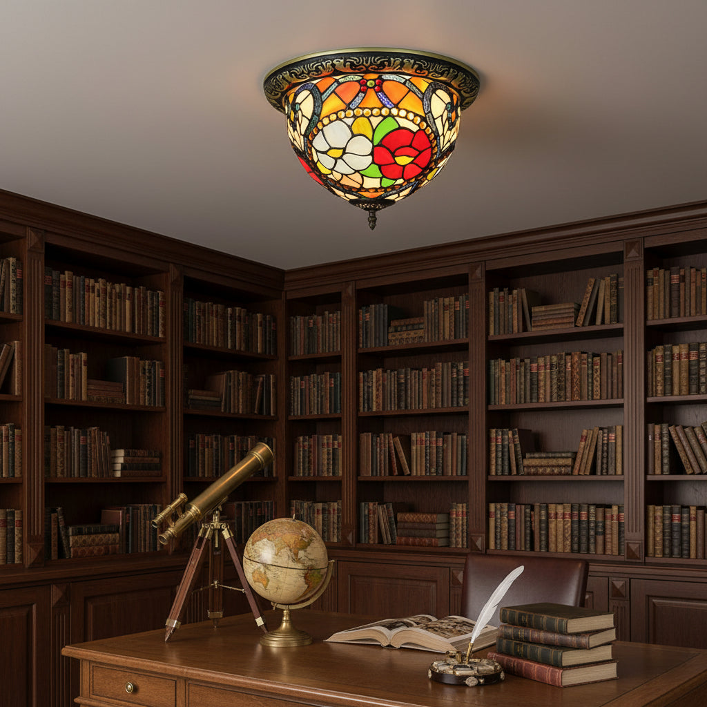 Tiffany-style Floral Stained Glass and Iron Ceiling Light