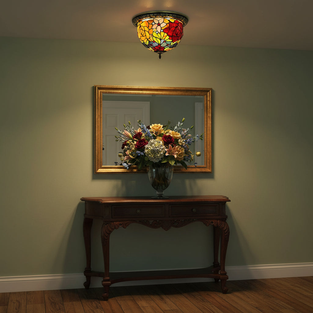 Floral Tiffany Ceiling Light in Glass and Wrought Iron