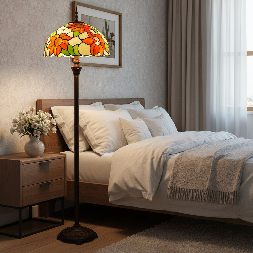 Tiffany-style floor lamp in orange floral glass