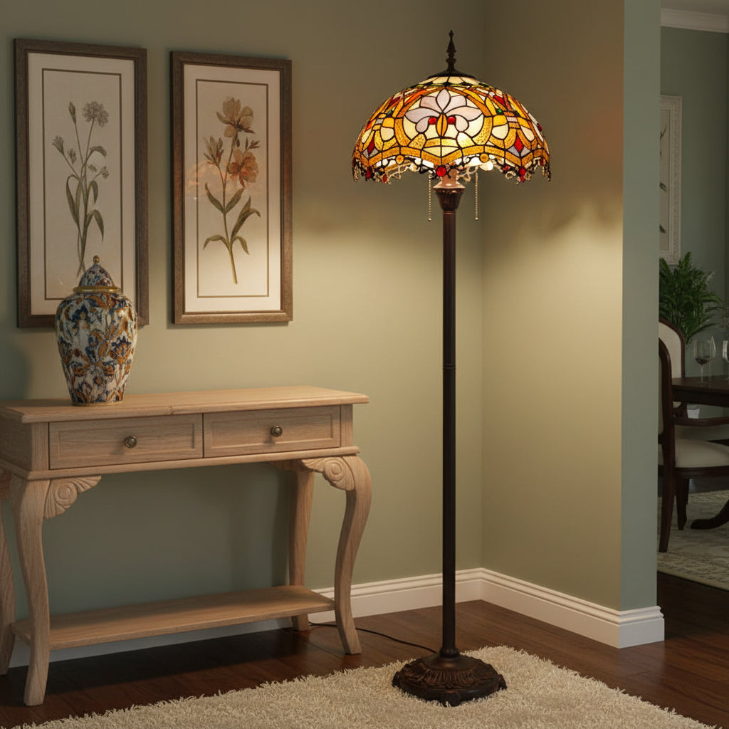Vintage Tiffany Floor Lamp in Floral Stained Glass