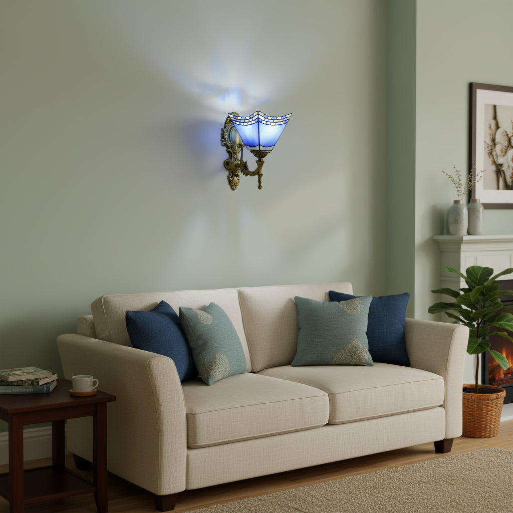 Ornate Wall Sconce in Blue and White Glass