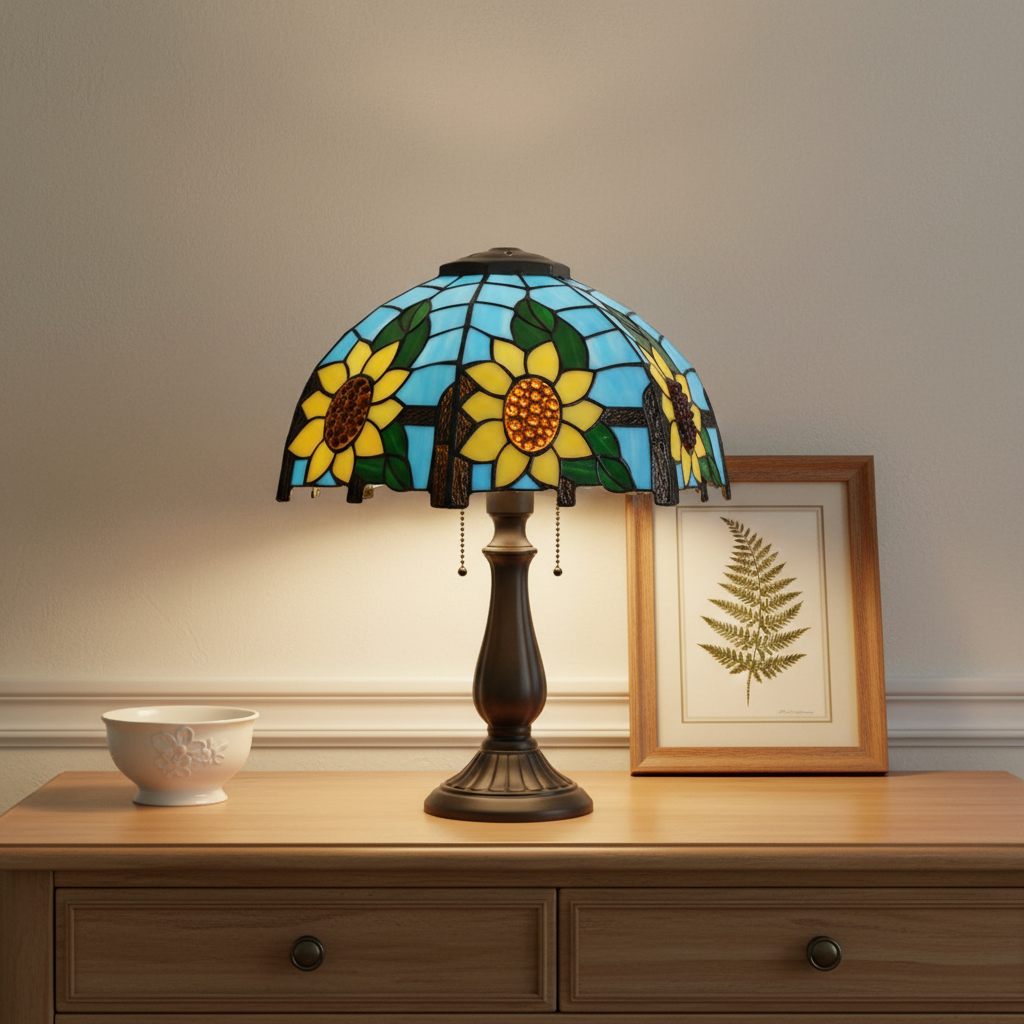 Tiffany stained glass lampshade with sunflowers