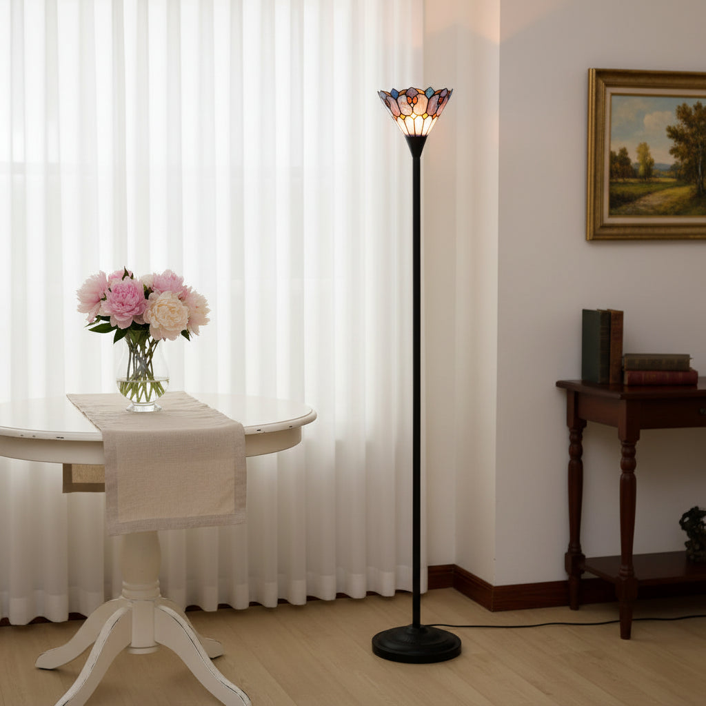 Tiffany-style stained glass floor lamp with flowers and butterflies