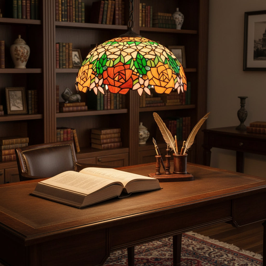 Tiffany-style stained glass rose pendant light, Ø40cm