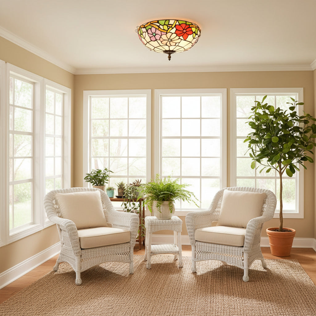 Multicolor Floral Stained Glass Ceiling Light in Tiffany Style