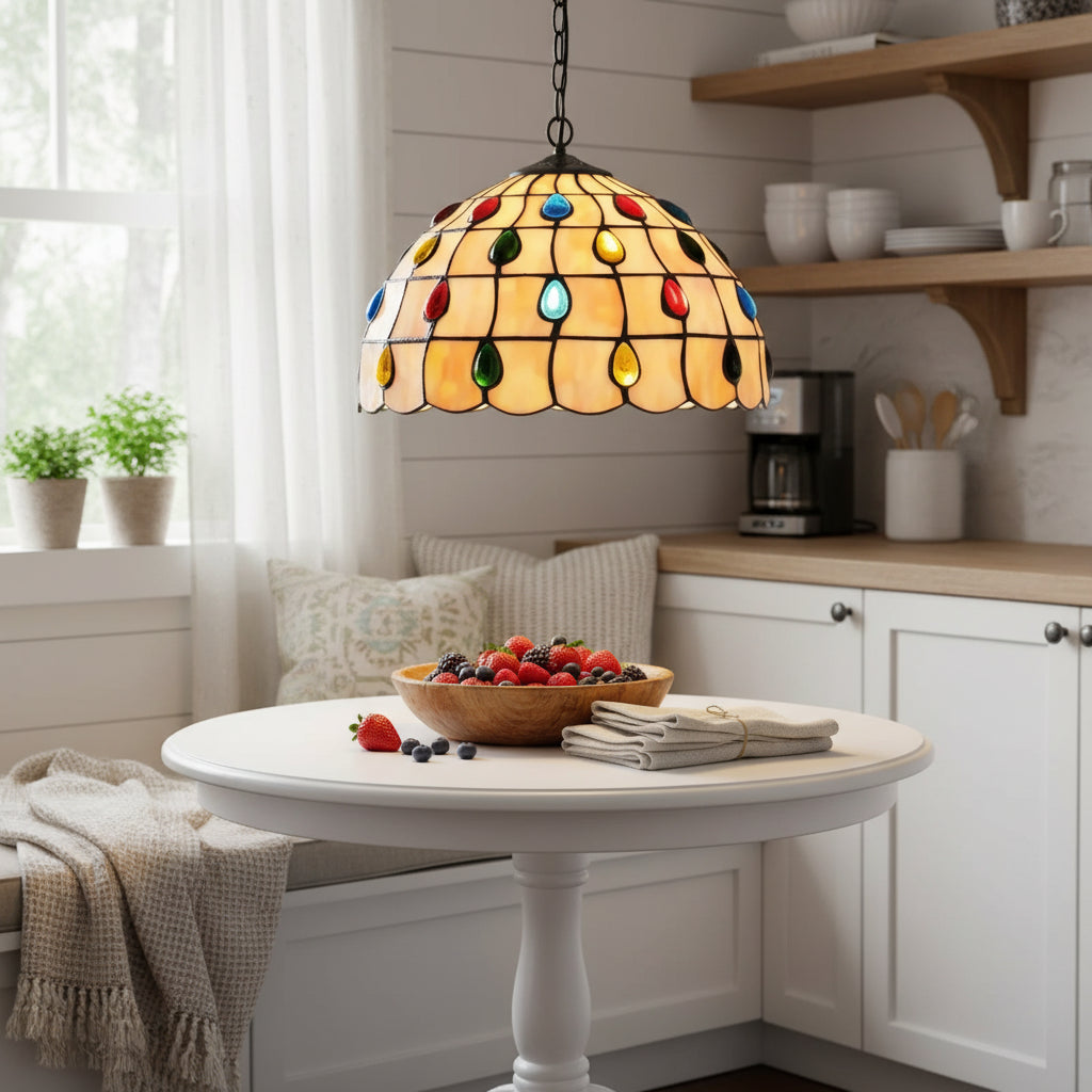 Tiffany-style pendant light in tinted glass with cabochons, 30cm