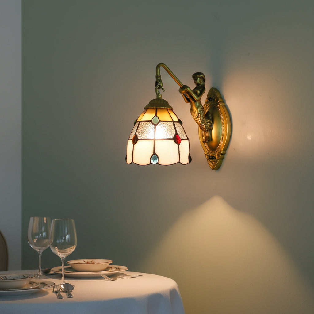 Mermaid Wall Sconce in Stained Glass and Antique Brass