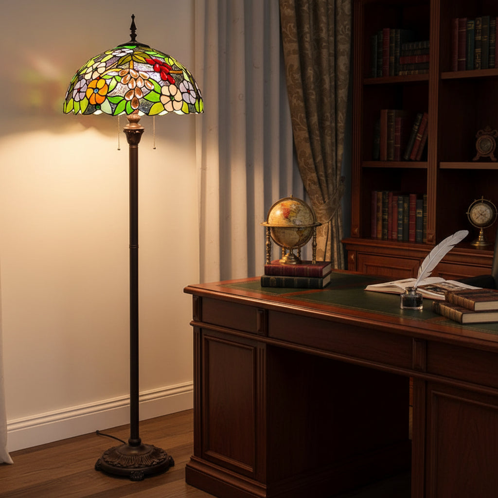 Tiffany Style Glass Floor Lamp with Flowers and Fruits