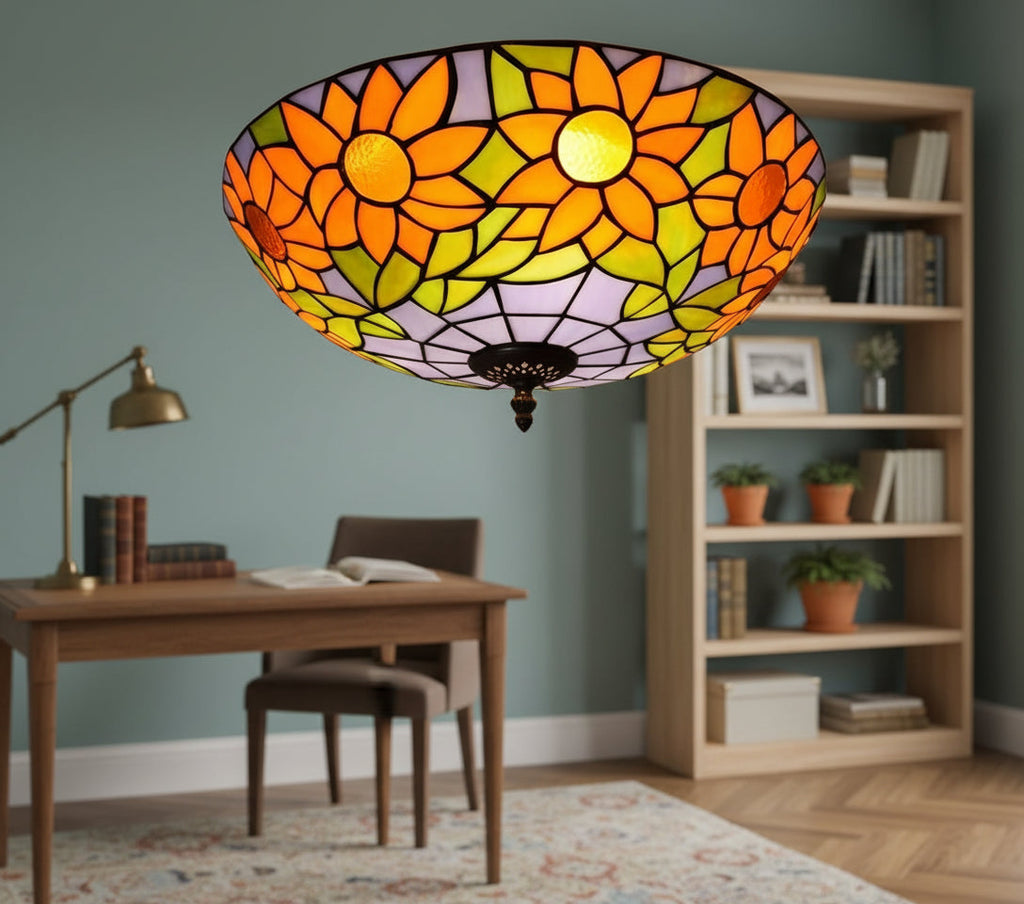 Tiffany-style stained glass ceiling light with sunflowers