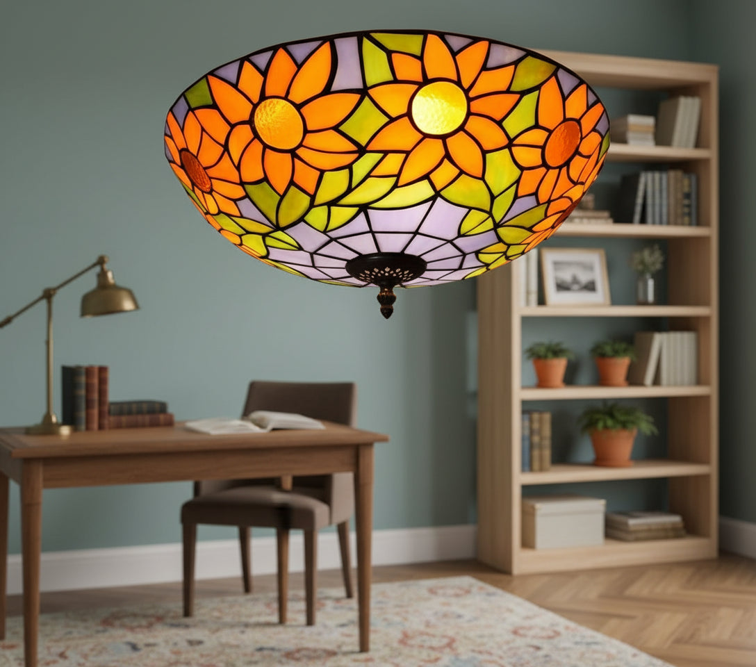 Tiffany-style stained glass ceiling light with sunflowers