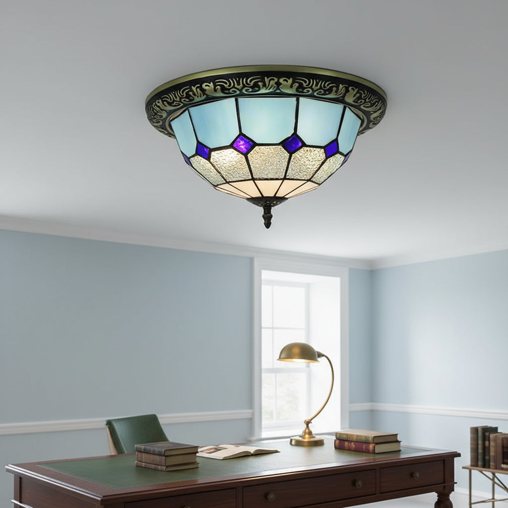 Tiffany Style Ceiling Light in Blue, Purple, and Wrought Iron