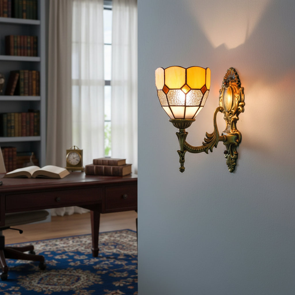 Tiffany Style Wall Sconce in Amber and White Glass