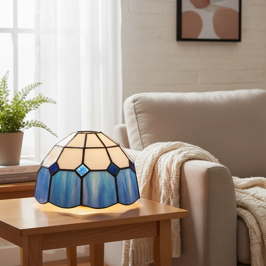Tiffany Conical Lampshade in White and Blue Glass