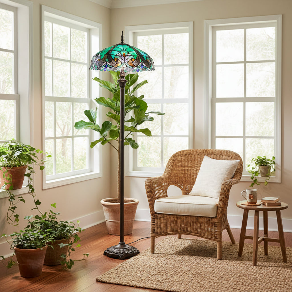 Tiffany Style Floor Lamp in Turquoise Stained Glass