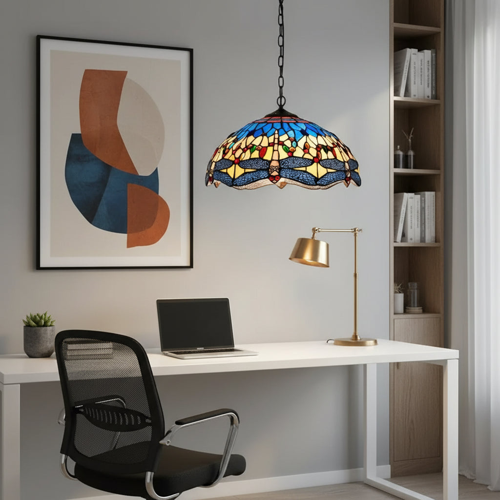 Tiffany-style stained glass dragonfly pendant light