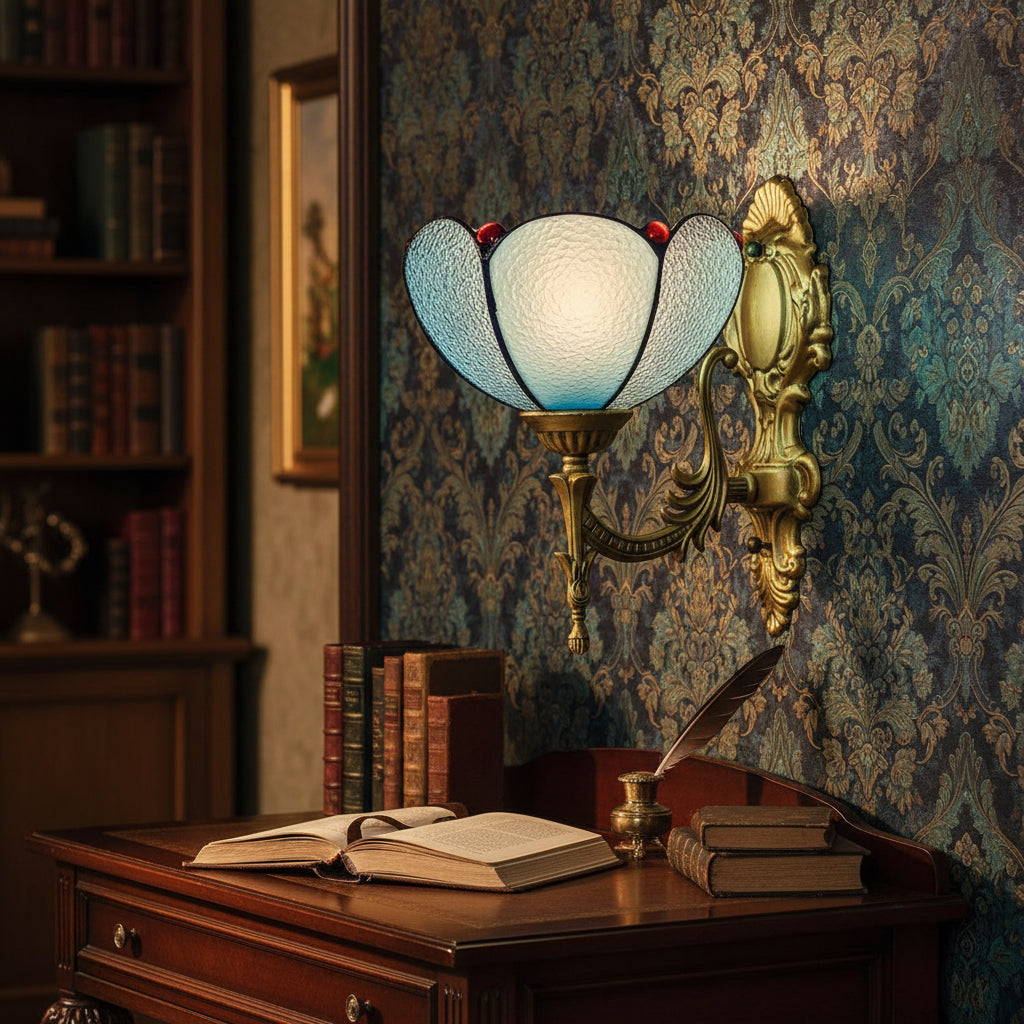 Vintage Wall Sconce in Blue Opal Glass and Antique Brass