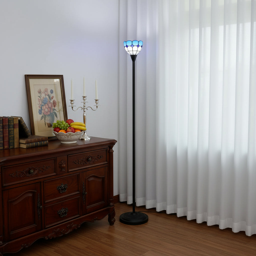 Blue and white stained glass floor lamp in the shape of a tulip