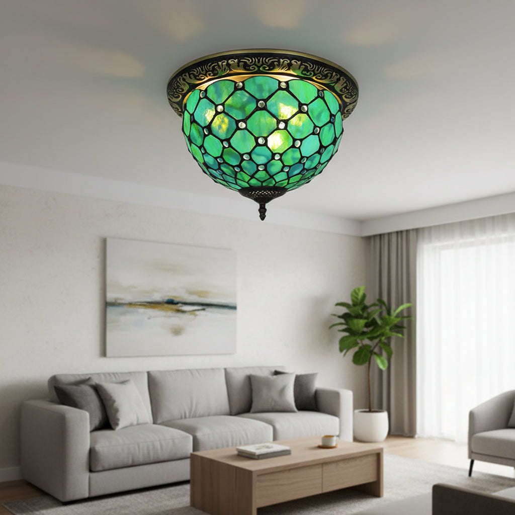 Tiffany Style Ceiling Light in Green Stained Glass