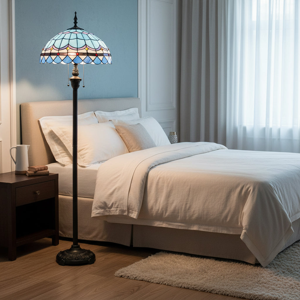 Tiffany-style floor lamp in blue and multicolored stained glass