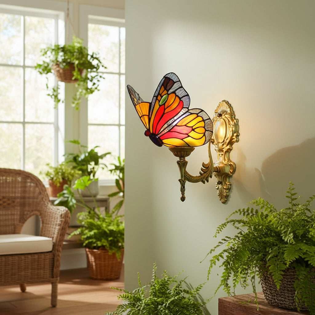 Ornate Tiffany Style Stained Glass Butterfly Wall Sconce