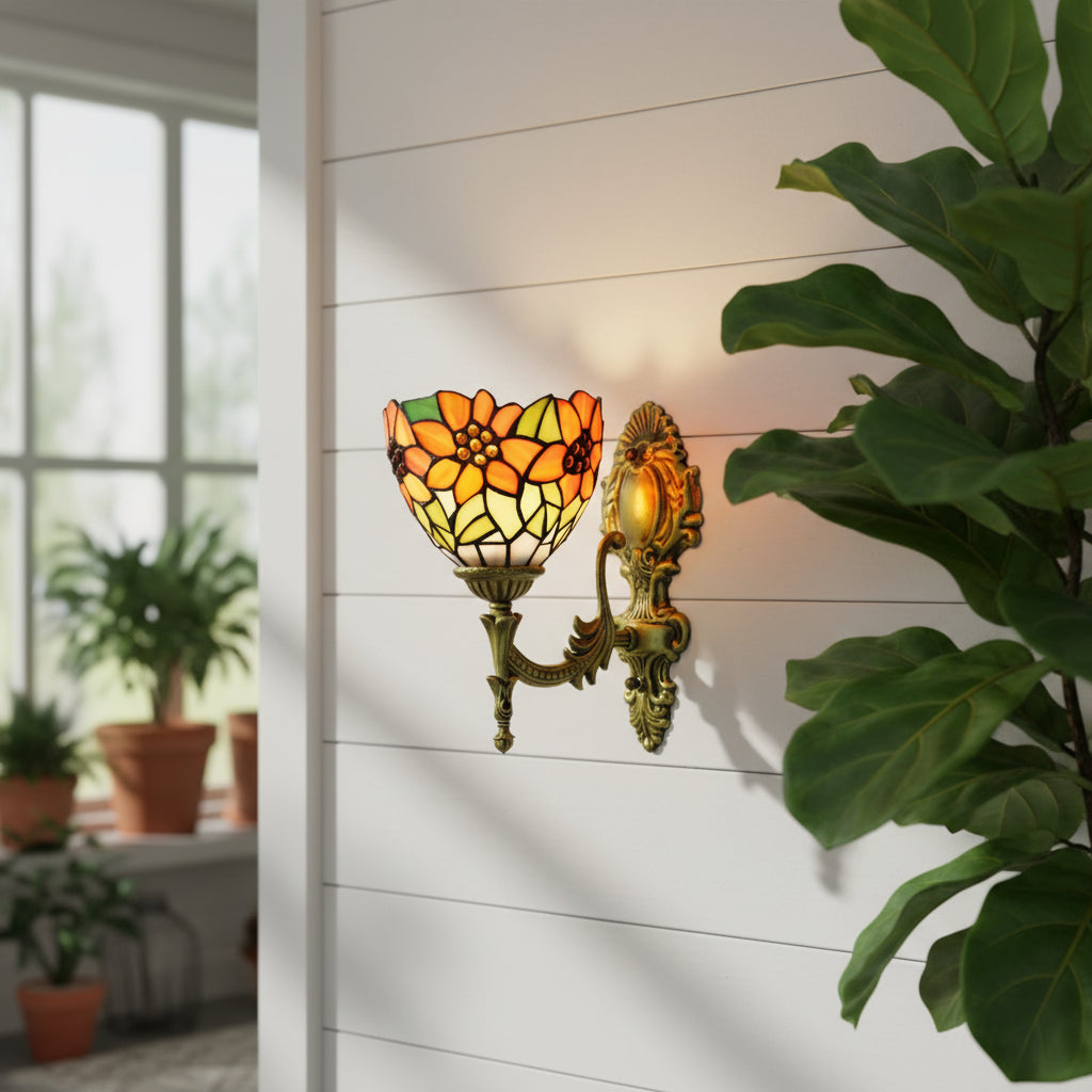 Floral Tiffany Wall Sconce in Stained Glass and Aged Brass
