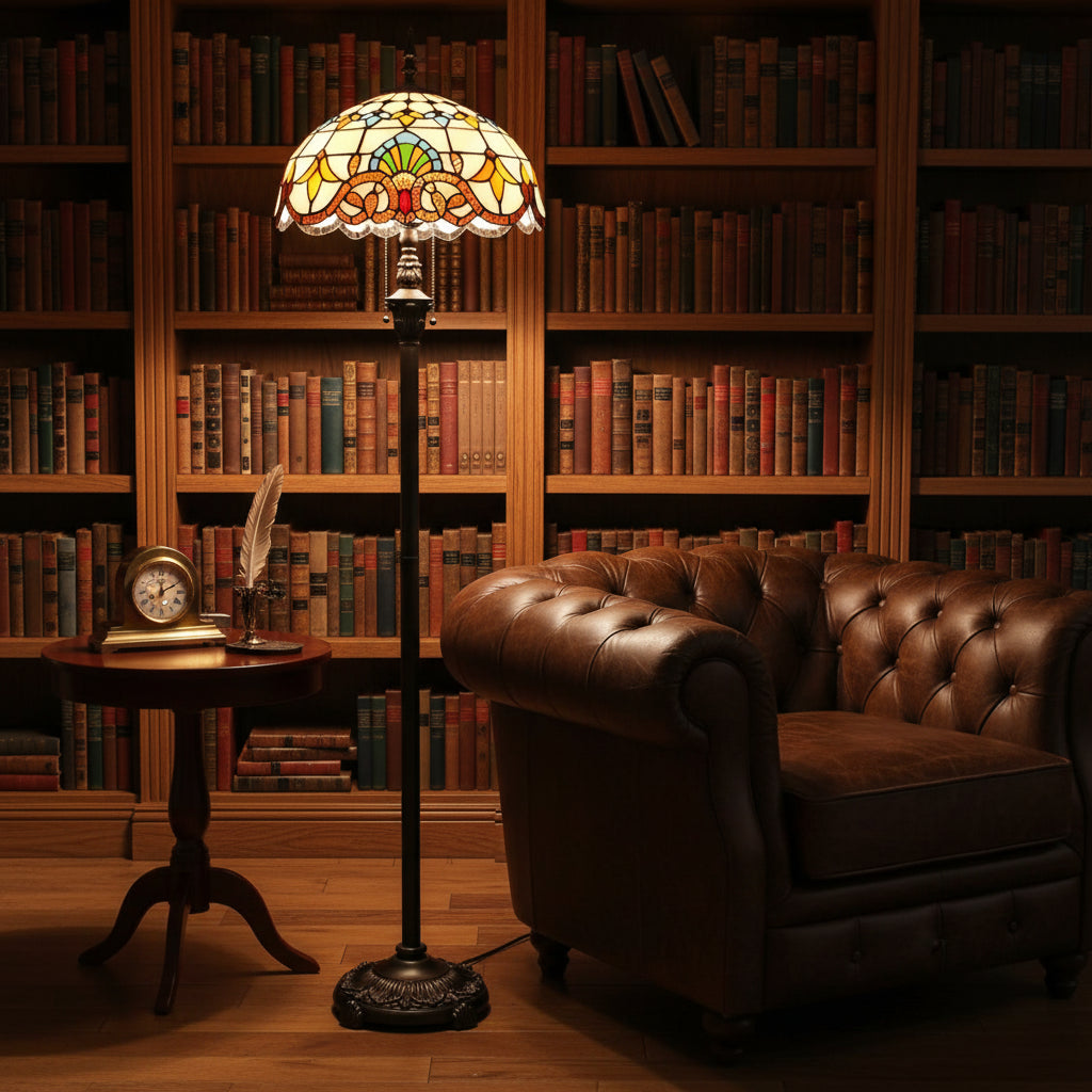 Tiffany-style stained glass floor lamp in multicolored glass