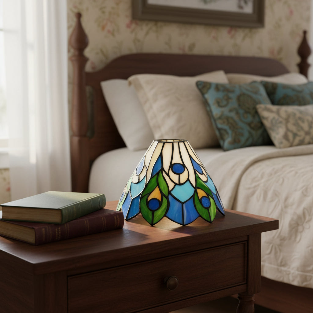Tiffany Stained Glass Lampshade with Blue and Green Peacock Motif