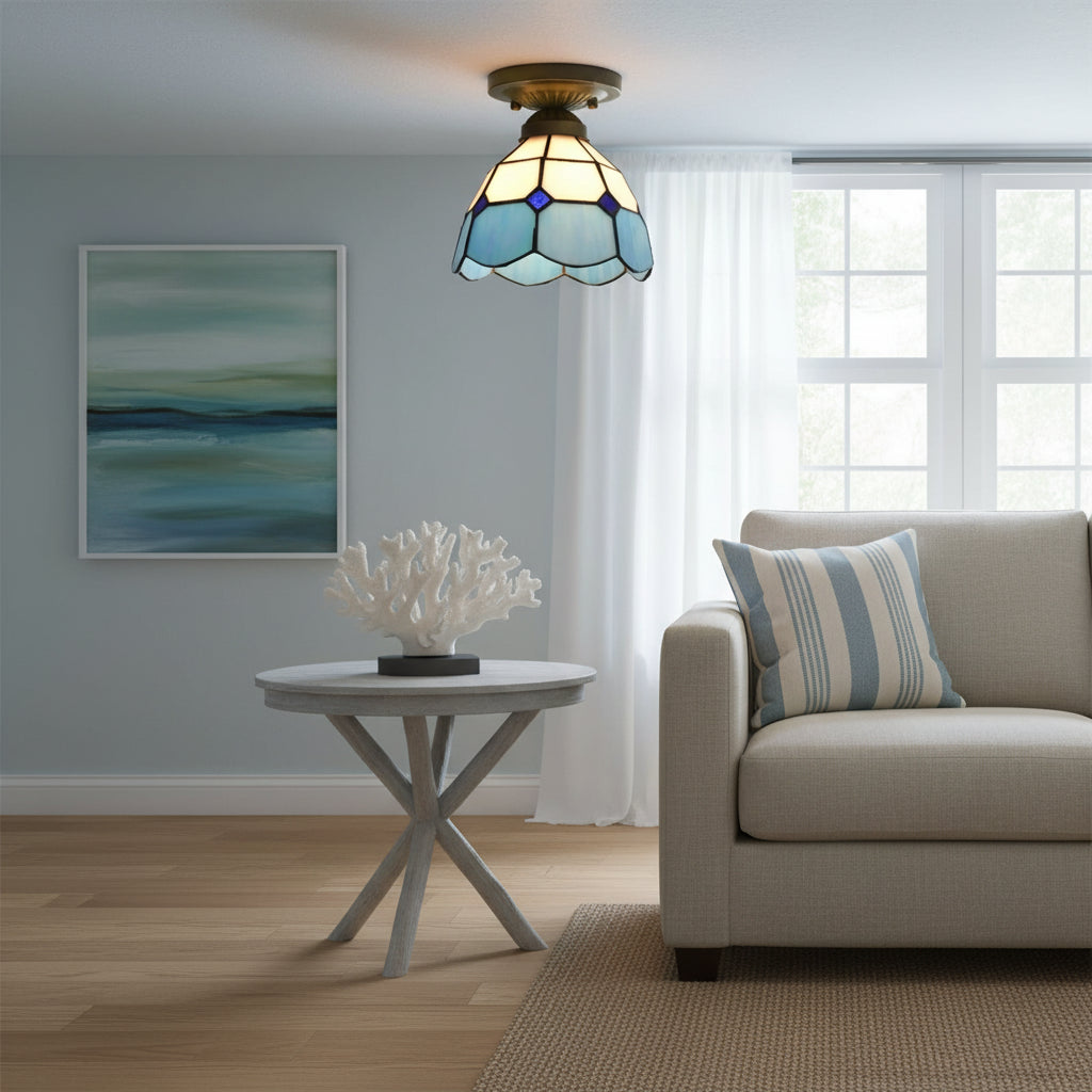 Tiffany Style Ceiling Light in Blue and White Tinted Glass