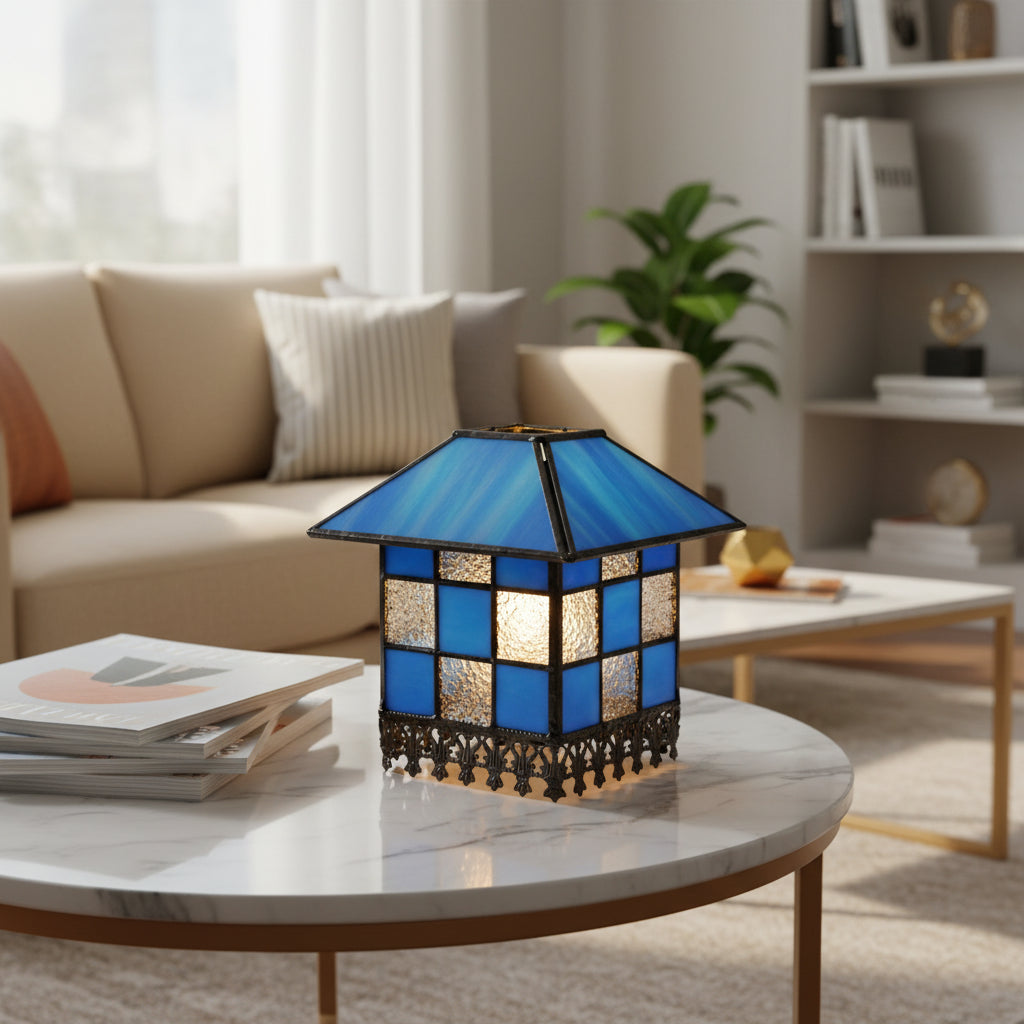 Blue tinted glass lantern lampshade with geometric checkered pattern