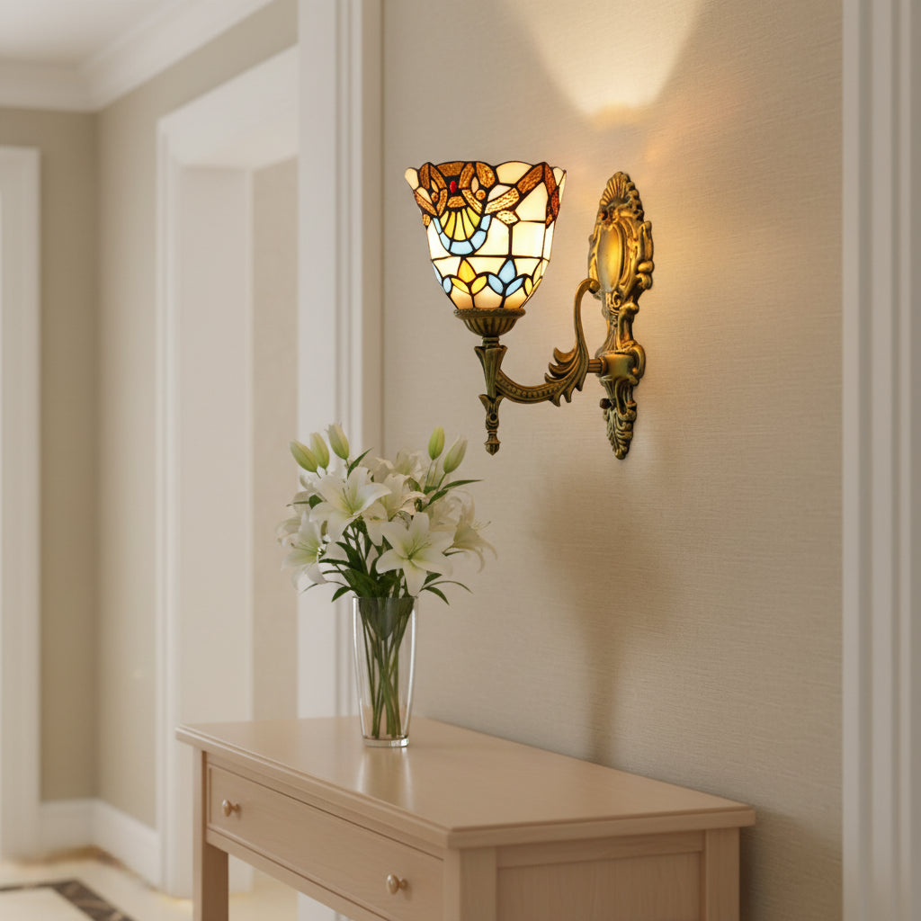 Ornate Tiffany Style Stained Glass Wall Sconce