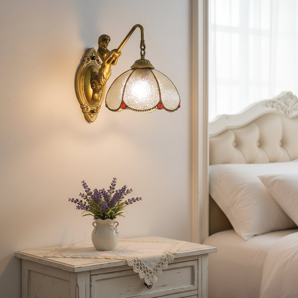Vintage Gold Mermaid Wall Sconce in Textured Glass