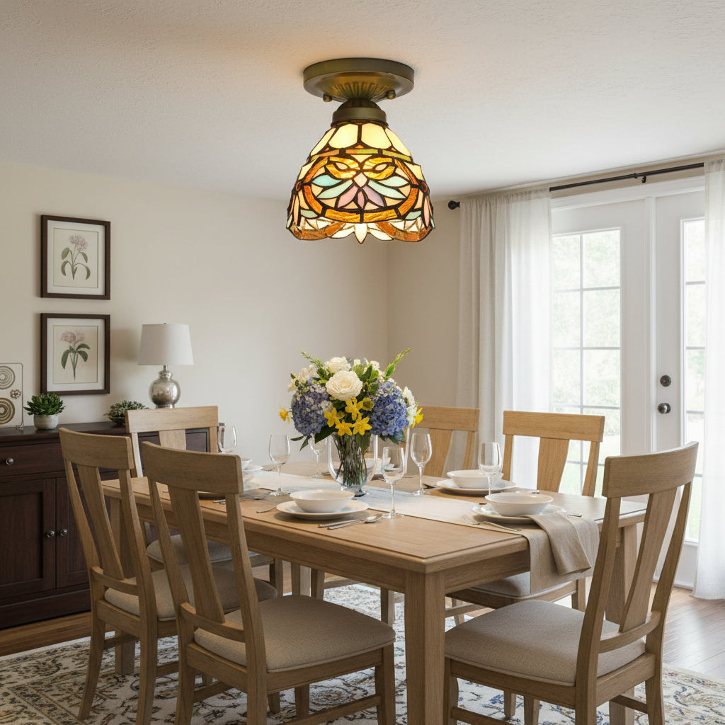 Floral Bronze Tiffany Style Stained Glass Ceiling Light