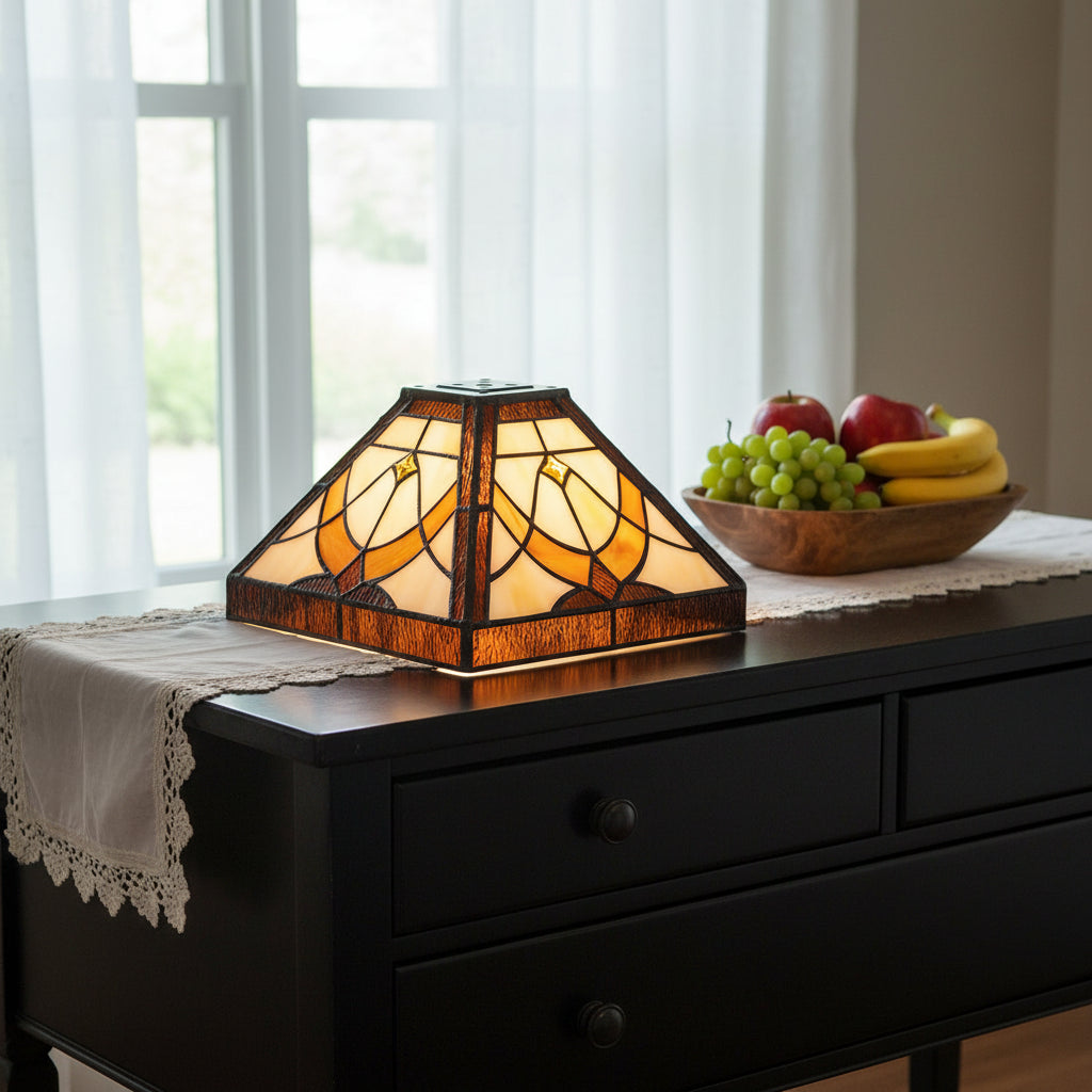Square Tiffany-Style Lampshade in Cream and Amber