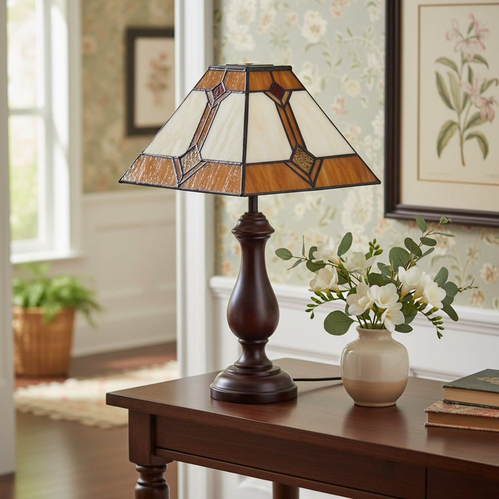 Geometric tinted glass lampshade in amber, cream and red