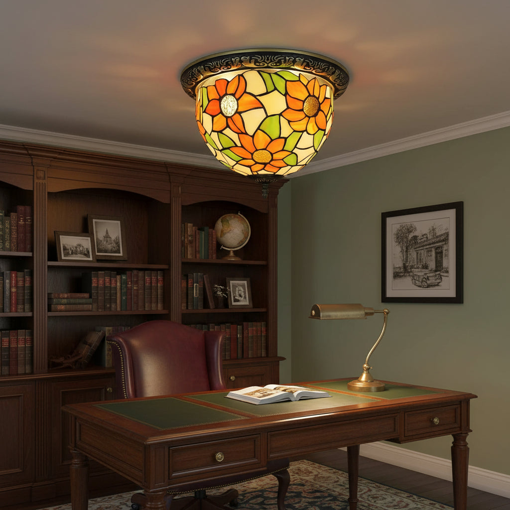 Round Tiffany Glass Ceiling Light Sunflowers Orange