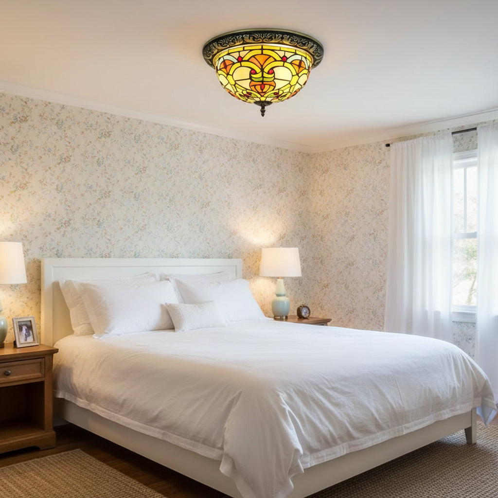 Round Tiffany-style ceiling light in stained glass