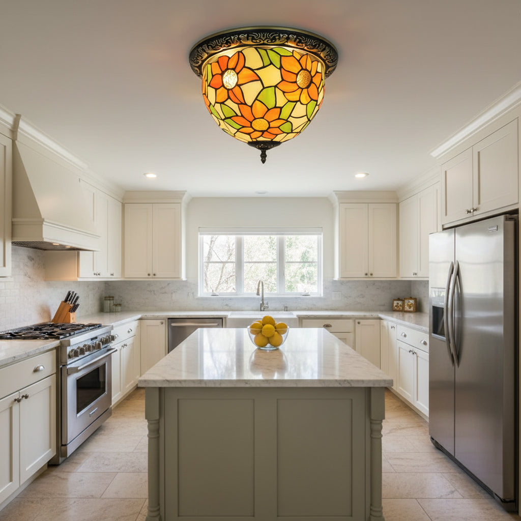 Round Tiffany Glass Ceiling Light Sunflowers Orange