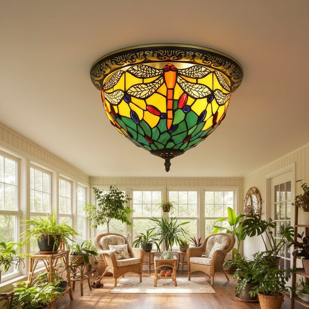 Tiffany Style Dragonfly Ceiling Light in Stained Glass
