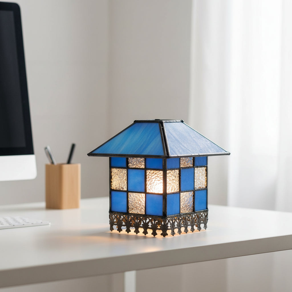 Blue tinted glass lantern lampshade with geometric checkered pattern