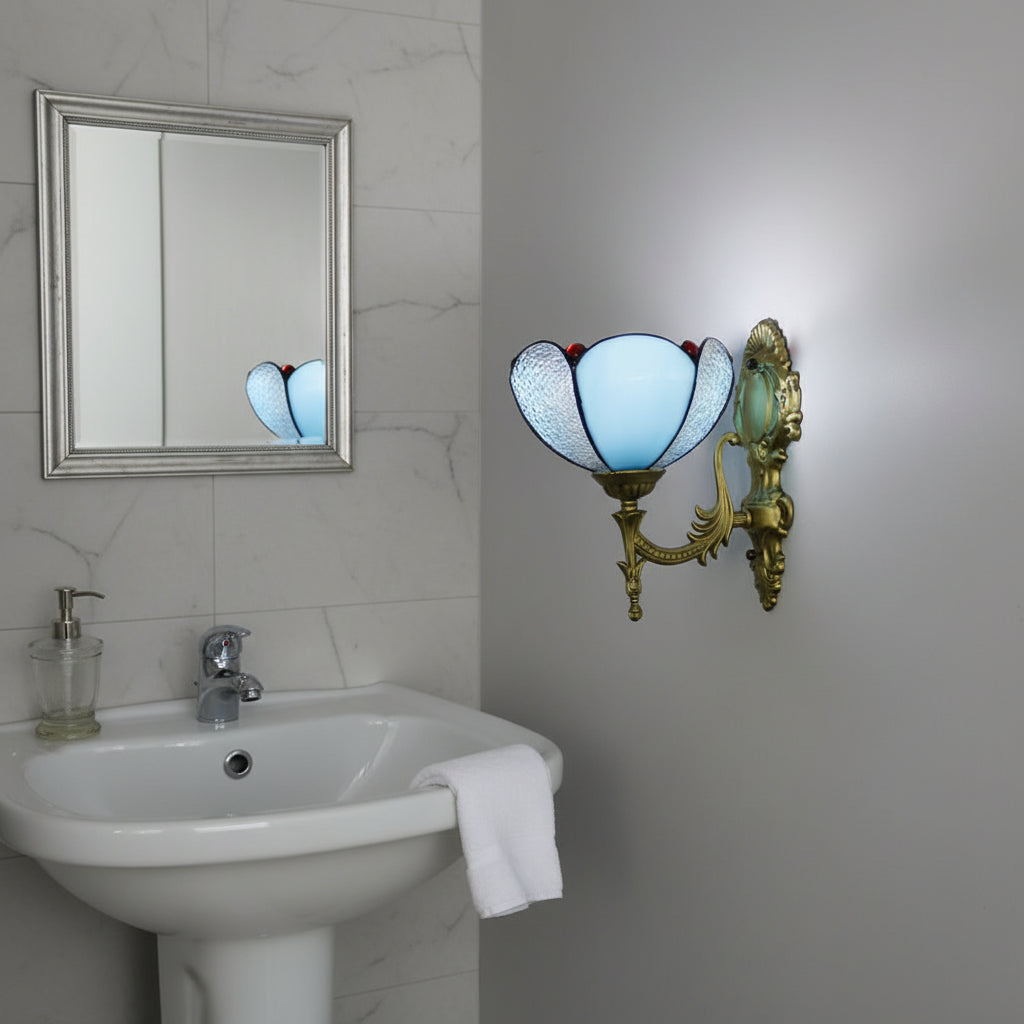 Vintage Wall Sconce in Blue Opal Glass and Antique Brass