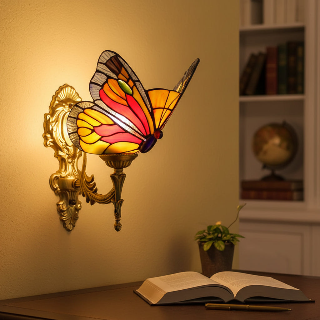 Ornate Tiffany Style Stained Glass Butterfly Wall Sconce
